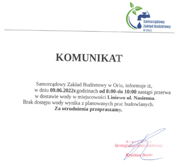 Komunikat dot. przerwy w dostawie wody