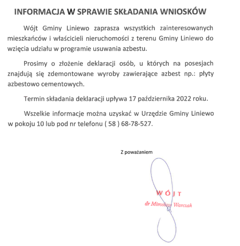 Informacja w sprawie składania wniosków- usuwanie azbestu