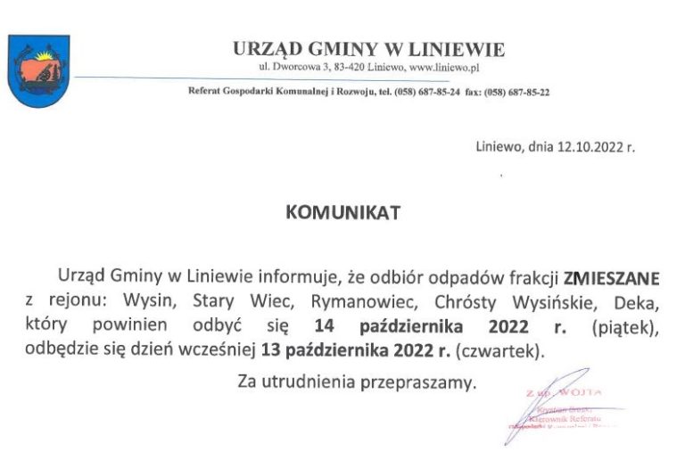Miana terminu odbiory odpadów zmieszanych z rejony Wysin, Stary Wiec, Rymanowiec, Chrósty Wysińskie i Deka