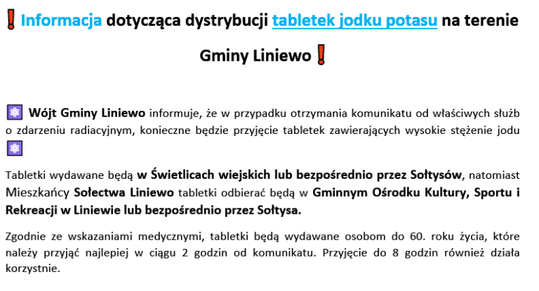 Informacja dot. dystrybucji tabletek jodku potasu