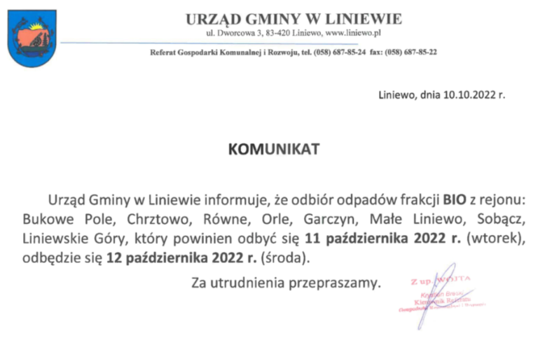 Zmiana terminu odbioru odpadów BIO