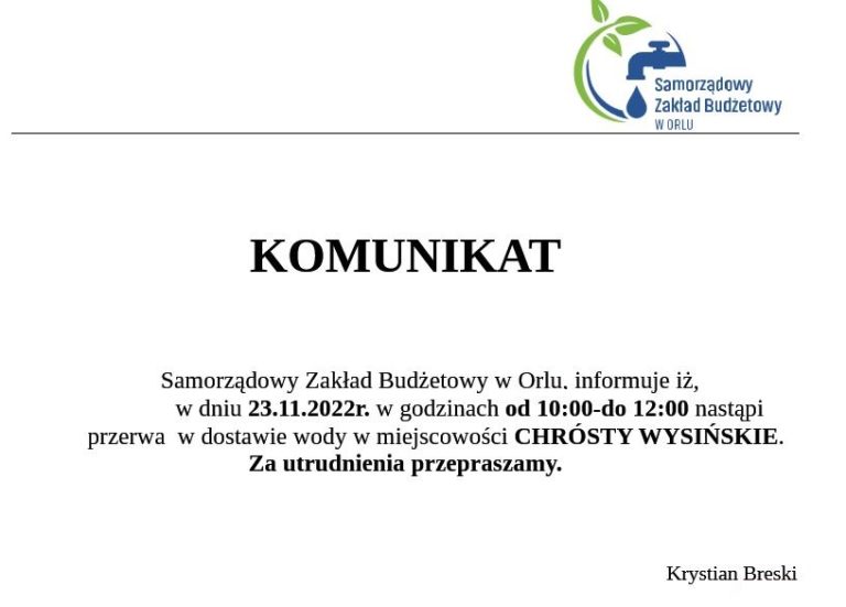 Przerwa w dostawie wody- Chrósty Wysińskie