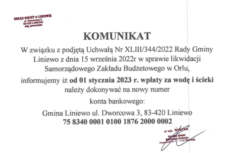 UWAGA ! zmiana numeru rachunku bankowego dotyczącego opłat za wodę i ścieki