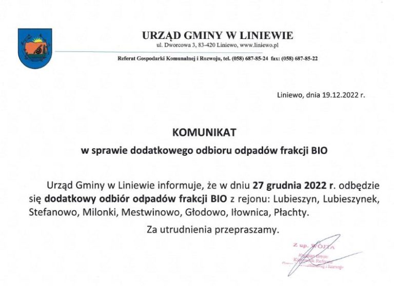 Komunikat w sprawie dodatkowego odbioru odpadów frakcji BIO