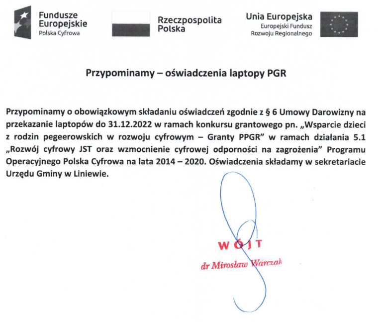 Przypominamy- oświadczenie laptopy PGR