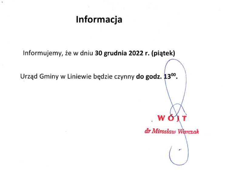 Informacja o skróconym czasie pracy Urzędu Gminy