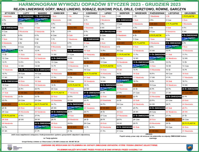 Harmonogram wywozu odpadów styczeń 2023-grudzień 2023