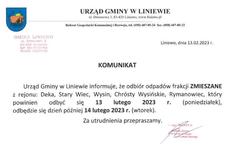 Komunikat dot. zmiany odbioru odpadów frakcji zmieszane