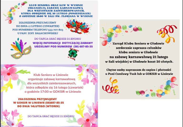 Zapraszamy na zabawy karnawałowe Klubów Seniora z Wysina, Liniewa oraz Głodowa