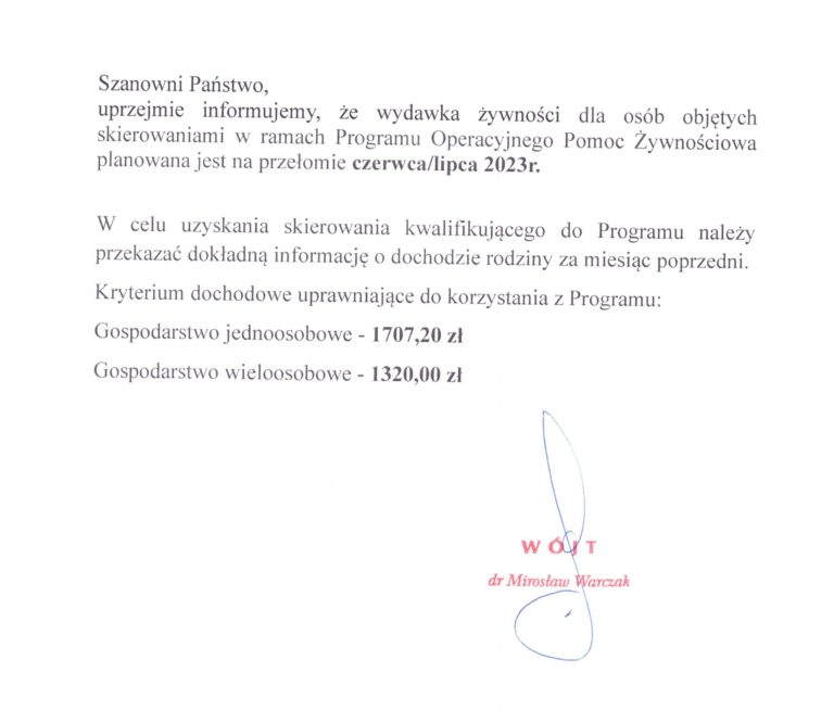 Wydawka żywności na przełomie czerwiec/lipiec 2023r.