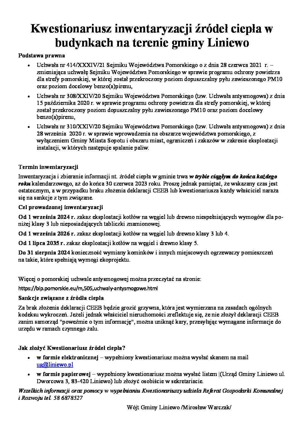 Kwestionariusz inwentaryzacji źródeł ciepła wbudynkach na terenie gminy Liniewo