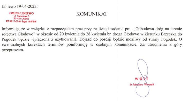 Komunikat dot. „Odbudowy dróg na terenie sołectwa Głodowo”
