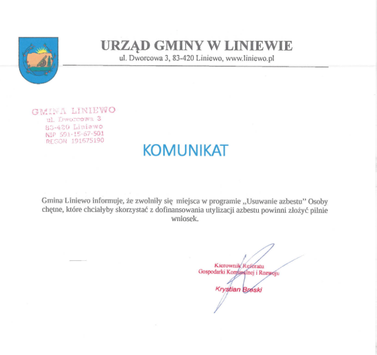 Komunikat dotyczący utylizacji azbestu