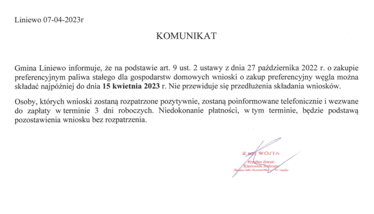 Komunikat dotyczący składania wniosków na zakup paliwa stałego