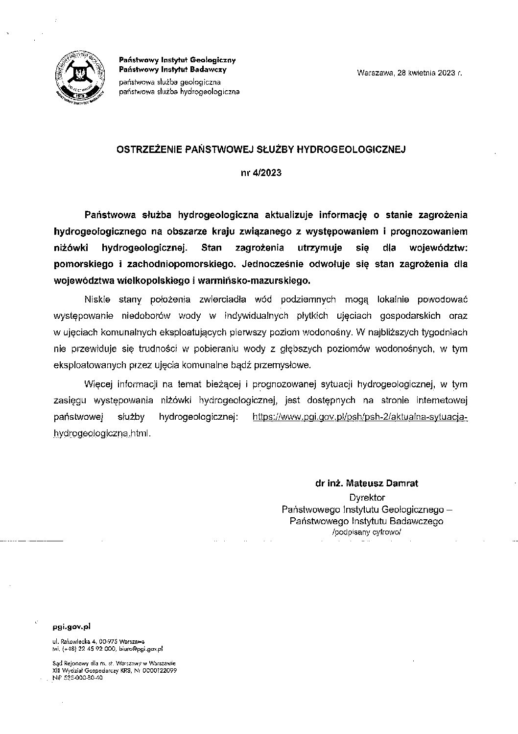 Ostrzeżenie Państwowej Służby Hydrogeologicznej nr 4/2023