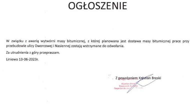 Prace na ul. Dworcowej i Nasiennej zostają wstrzymane.