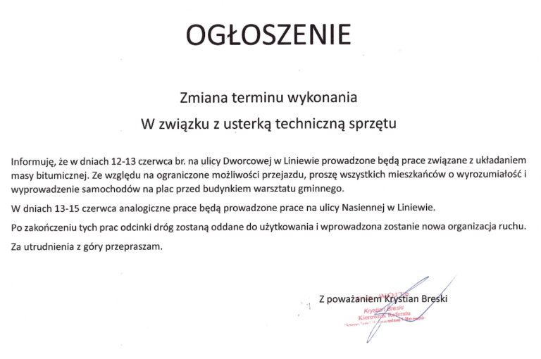 Parking przy Urzędzie Gminy w Liniewie będzie zamknięty z powodu remontu