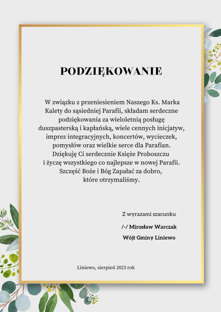 Podziękowanie dla Ks. Marka Kalety