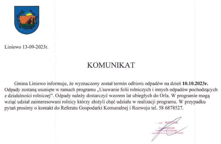 Nowy termin ” Usuwania folii rolniczych i innych odpadów pochodzących z działalności rolniczej”