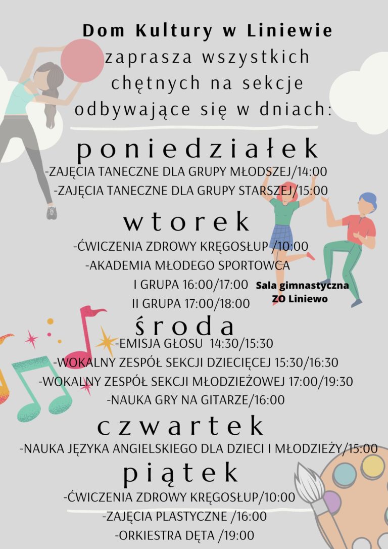 Dom Kultury w Liniewie zaprasza wszystkich chętnych na organizowane zajęcia.