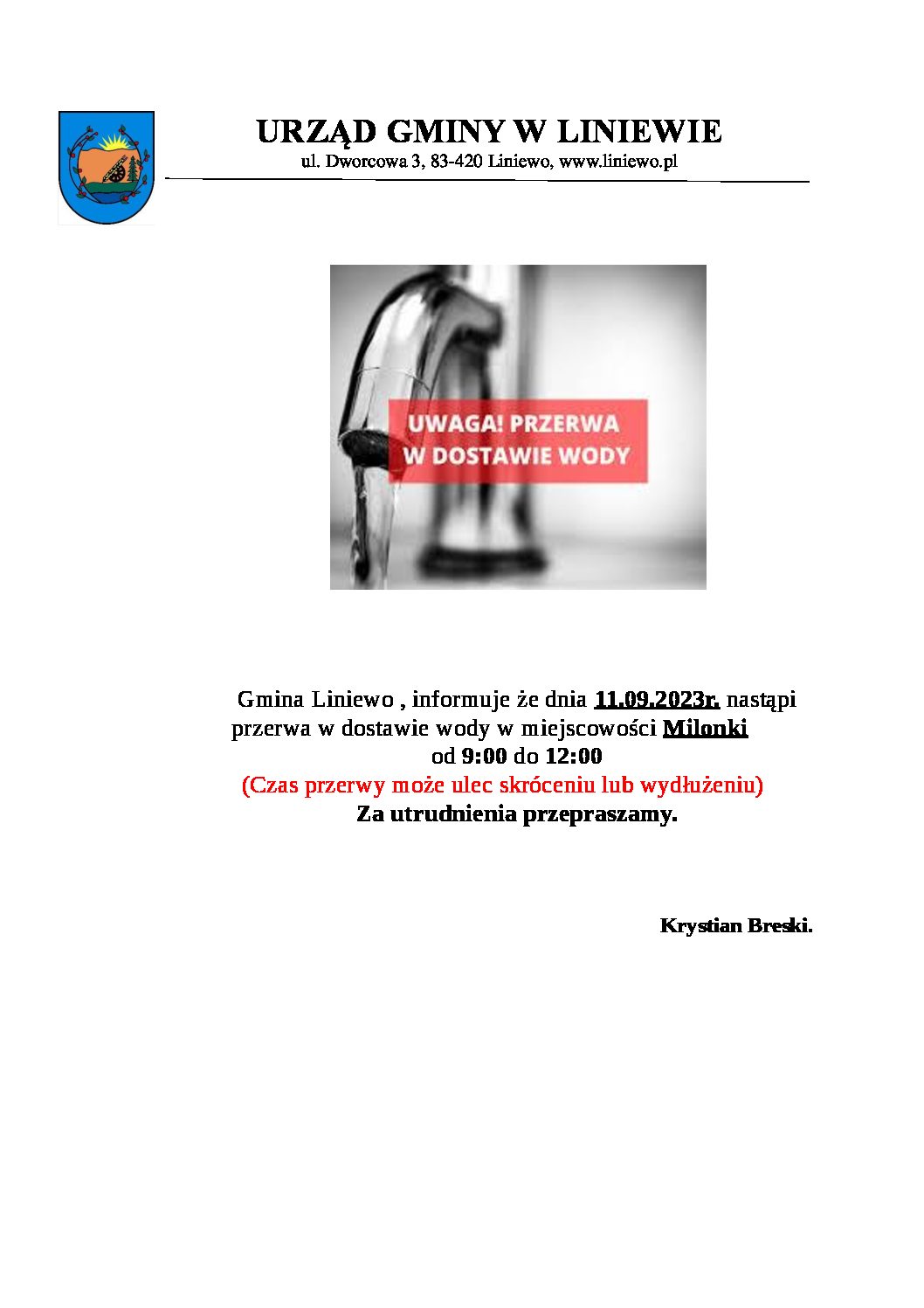 Uwaga! Przerwa w dostawie wody w miejscowości Milonki