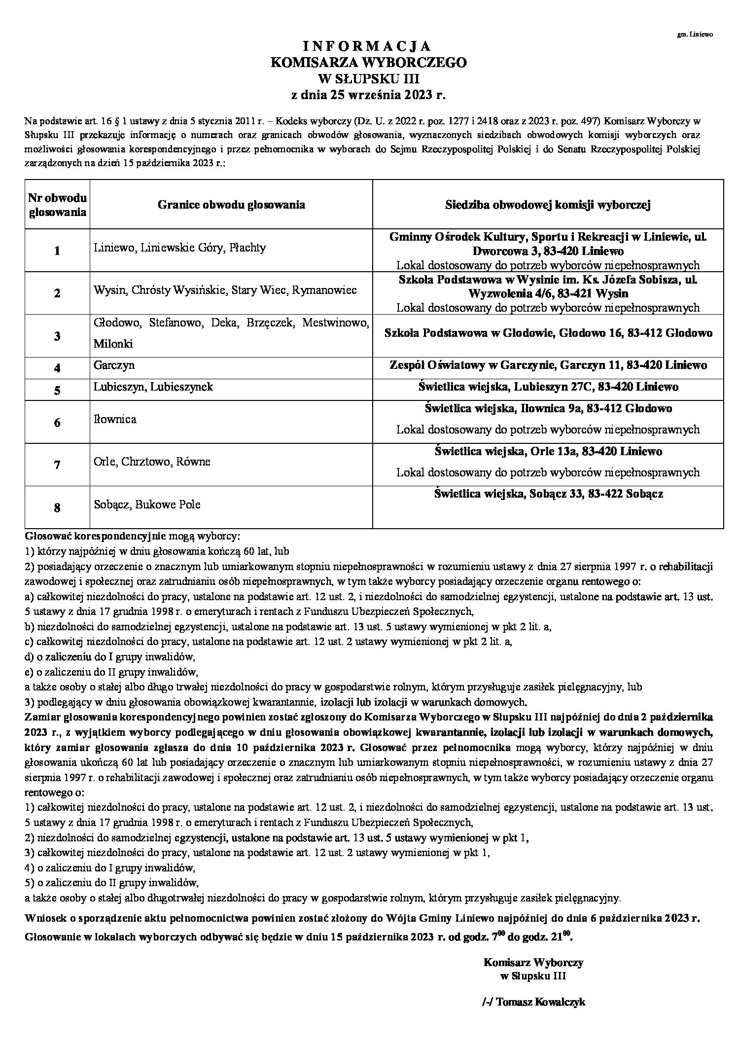 Informacja o siedzibach obwodowych komisji wyborczych