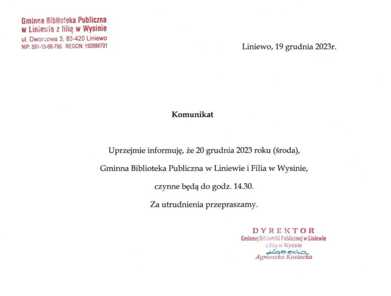 Komunikat Gminnej Biblioteki Publicznej