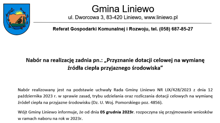 Nabór wniosków na realizację zadania pn. „Przyznanie dotacji celowej na wymianę źródła ciepła przyjaznego środowiska”