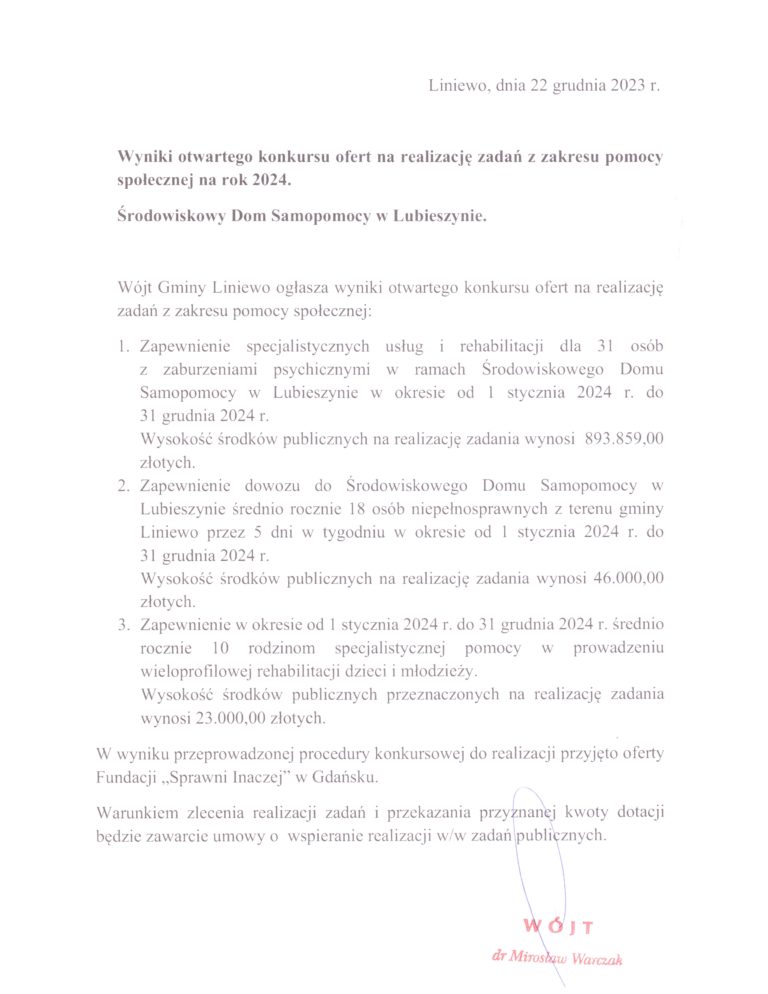 OGŁOSZENIE OTWARTEGO  KONKURSU  OFERT 