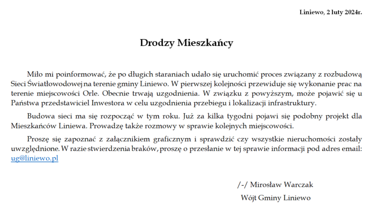 Rozbudowa sieci światłowodowej na terenie gminy Liniewo