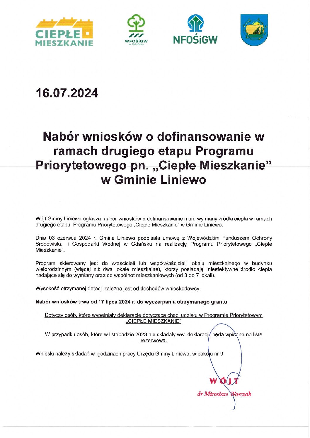 Nabór wniosków o dofinansowanie w ramach Programu Priorytetowego pn. „Ciepłe Mieszkanie ” w Gminie Liniewo