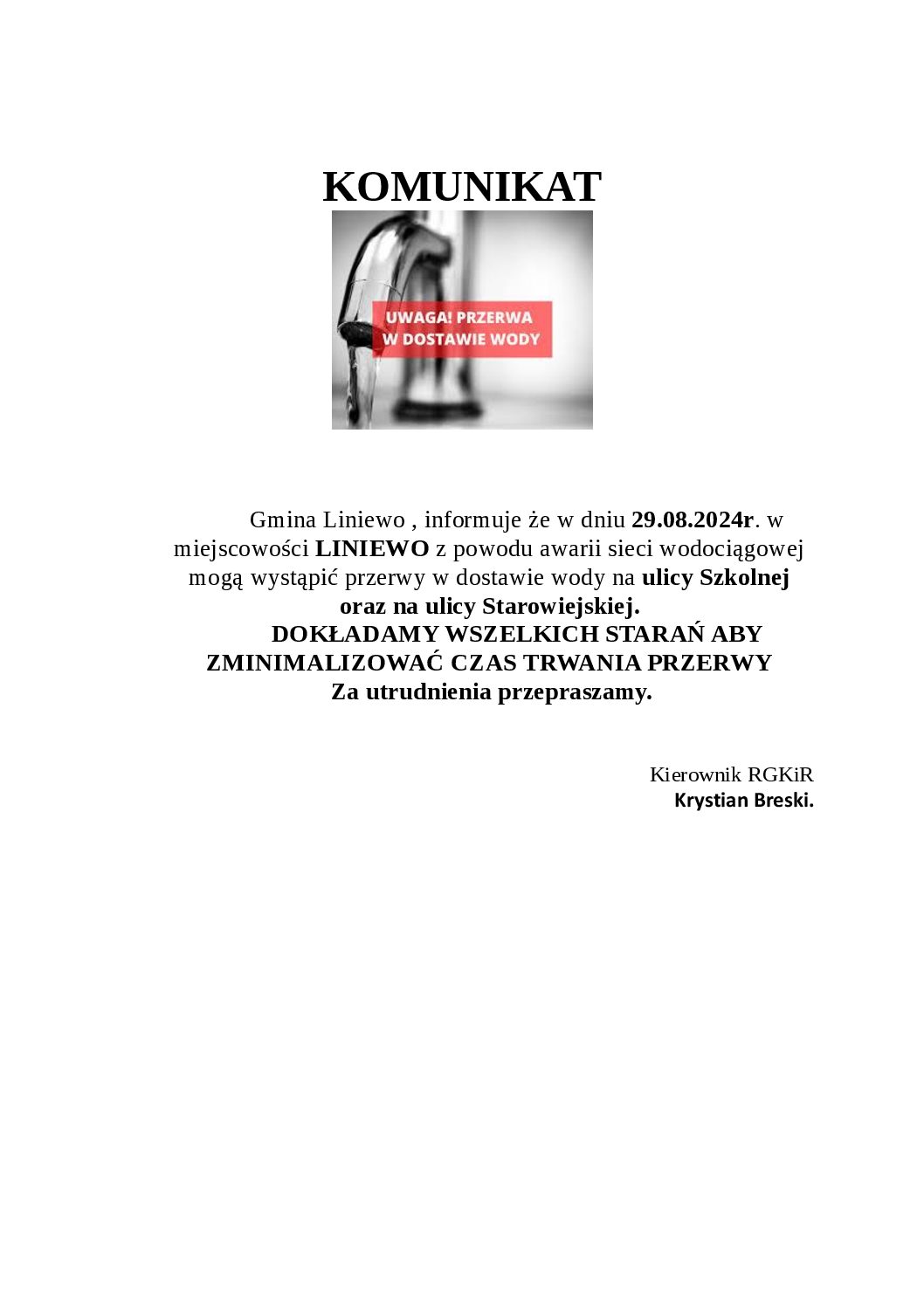 Awaria sieci wodociągowej w Liniewie