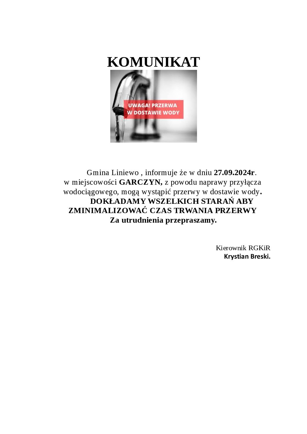 Naprawa przyłącza wodociągowego w Garczynie