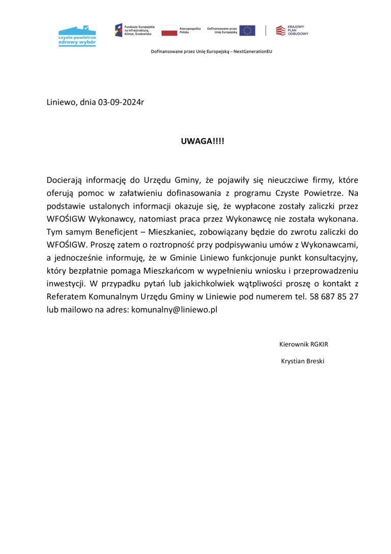 Drodzy Mieszkańcy ważny komunikat