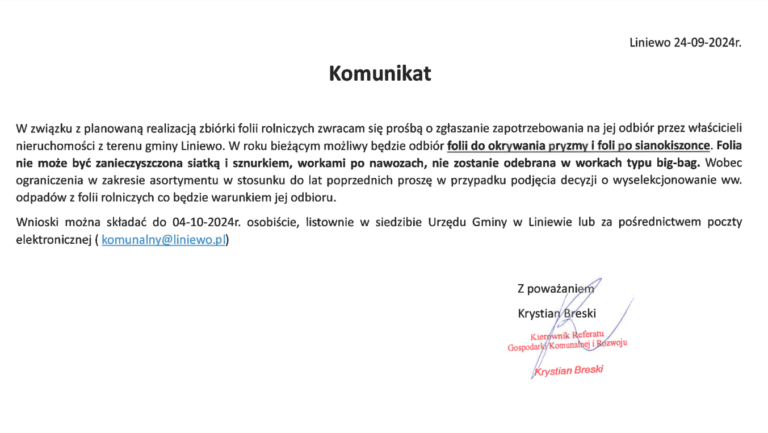 Komunikat dotyczący zgłaszania zapotrzebowania na odbiór folii rolniczych