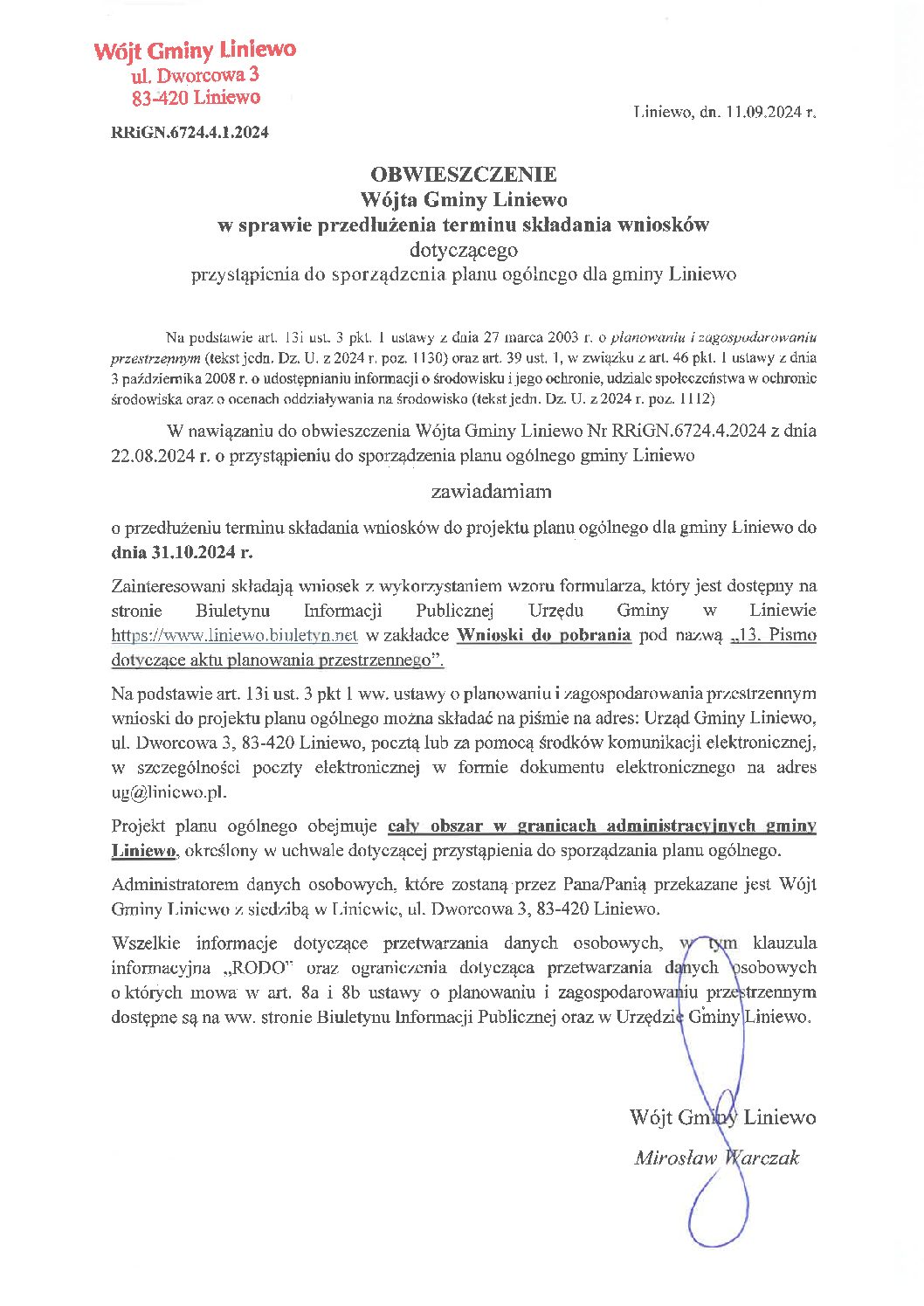 Przedłużenie terminu składania wniosków do planu ogólnego