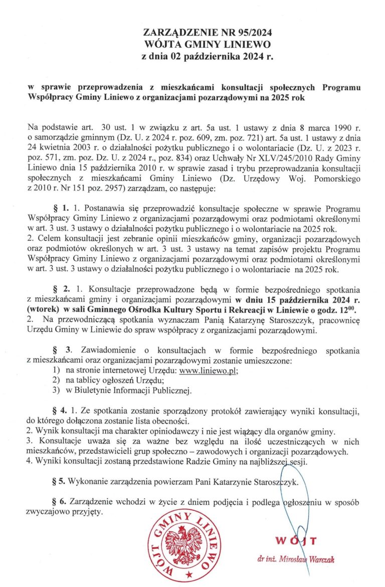 Konsultacje Programu Współpracy Gminy Liniewo z organizacjami pozarządowymi na 2025 rok