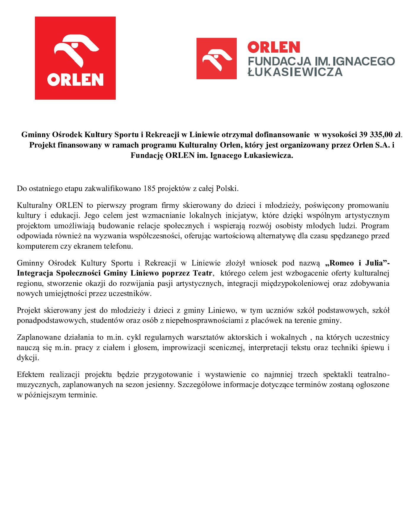 informacja na stronę